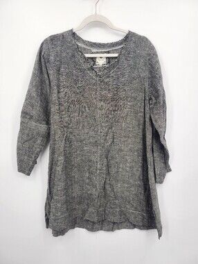 Namsar  100% linen Tunic Blouse size S Gray Lagenlook Casual V Neck Frayed Edge